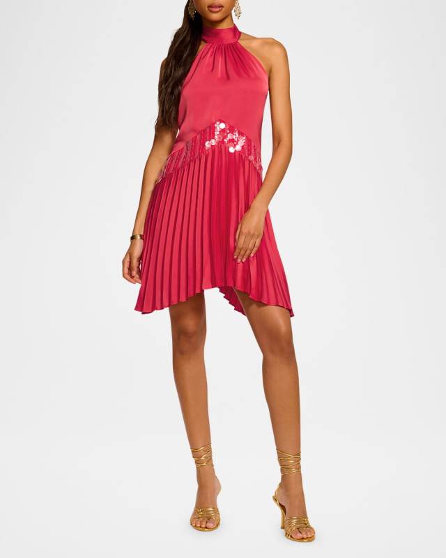 Marcia Sequined Pleated Halter Mini Dress